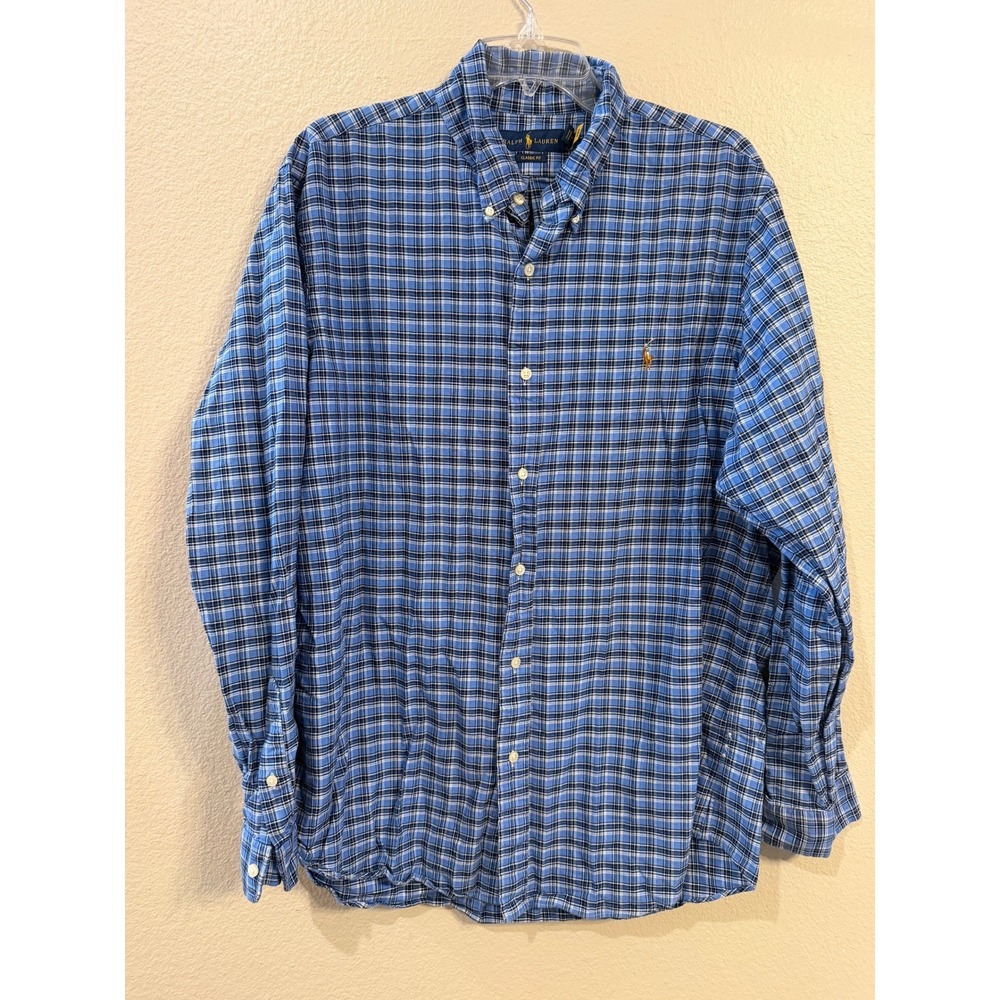Polo Ralph Lauren Mens XL Classic Fit Blue Plaid Cotton Button Down Shirt